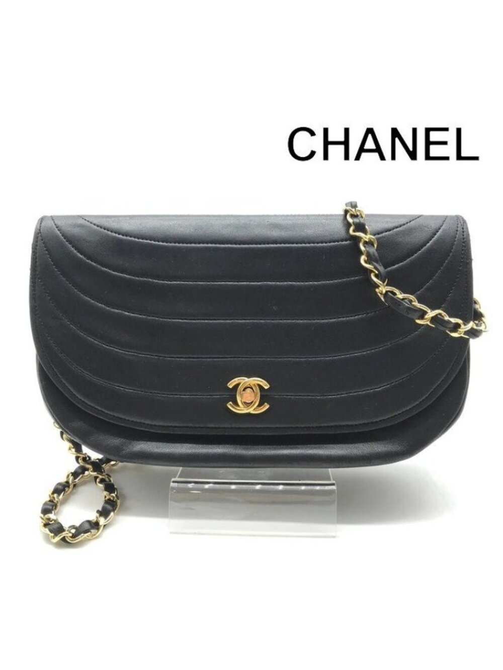 Chanel CC Logo Lambskin Half Moon Turnlock Chain Shoulder Bag Black